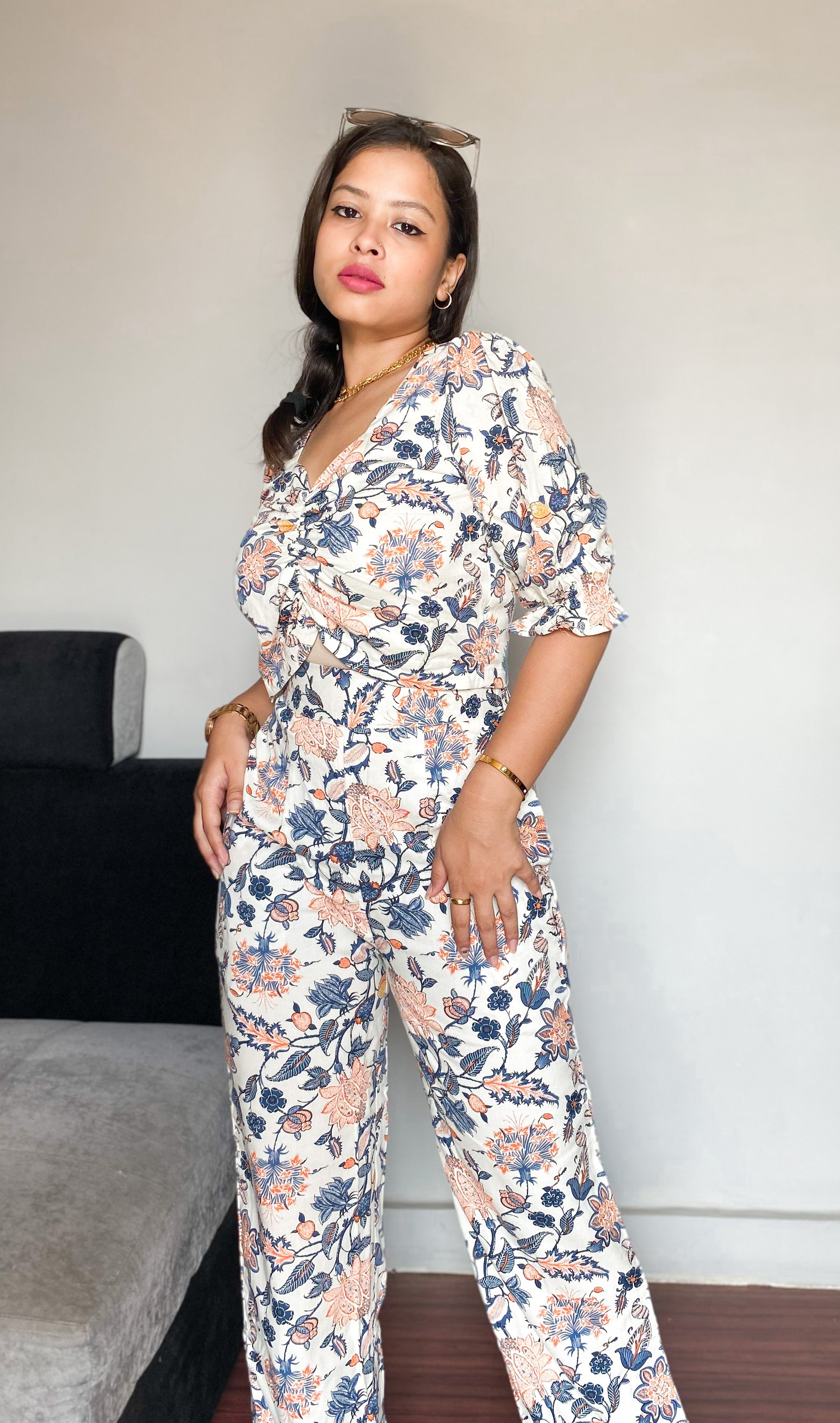 Tropical Printed Cotton Crop Top Pants Co-ord