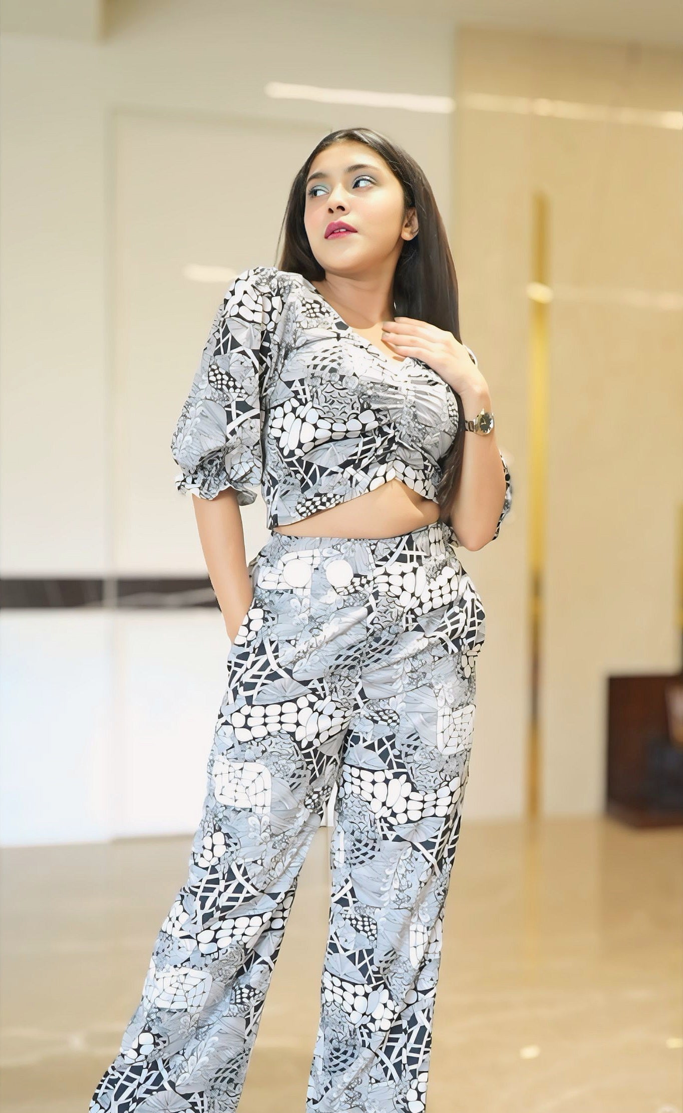 Spy Printed Crop Top and Pant Co-ord Set