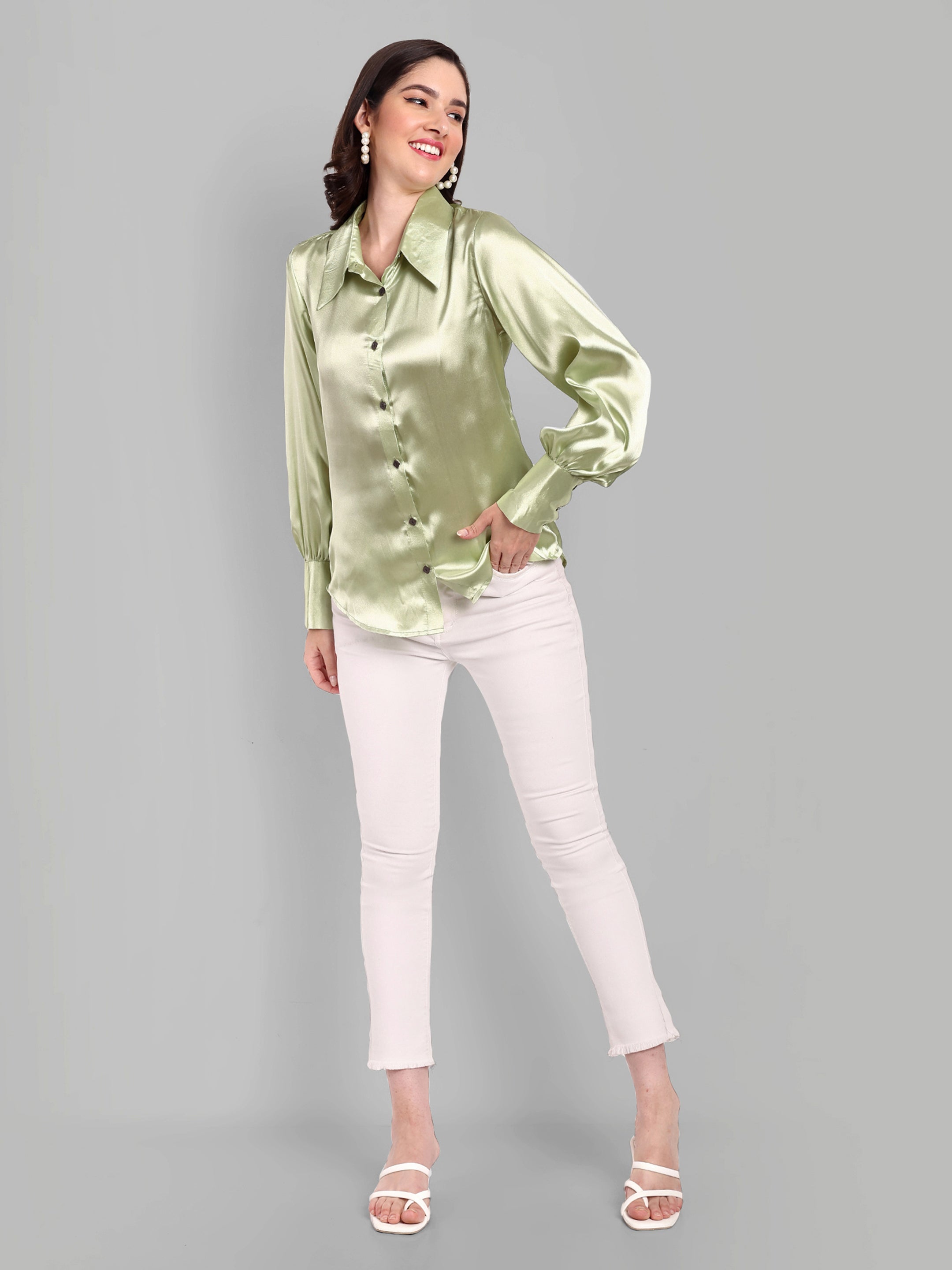 Pista Green Full sleeve  Shirt with Long Collar and Cuff