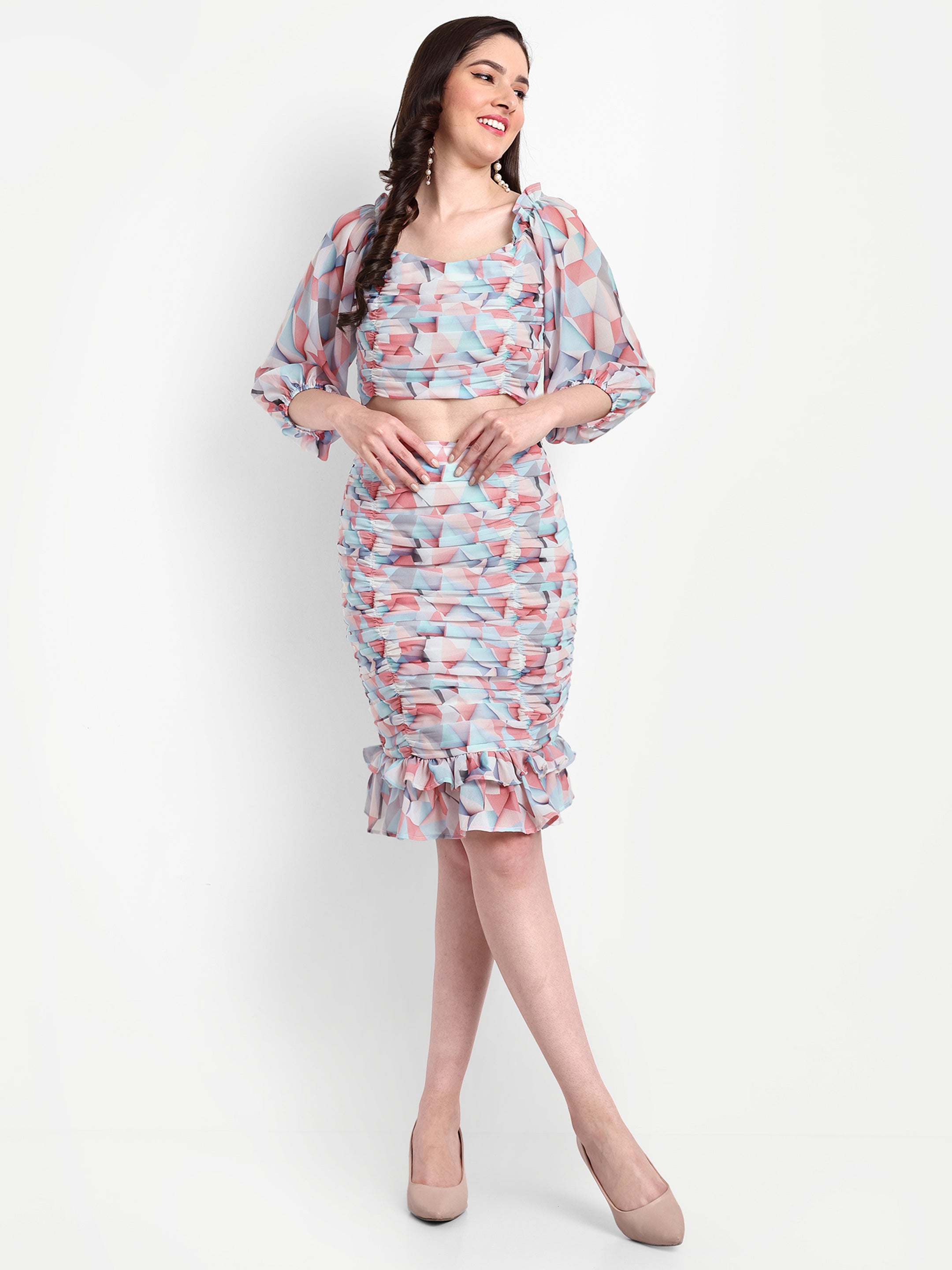 Abstract Printed Ruched Top - Skirt Co ord Set