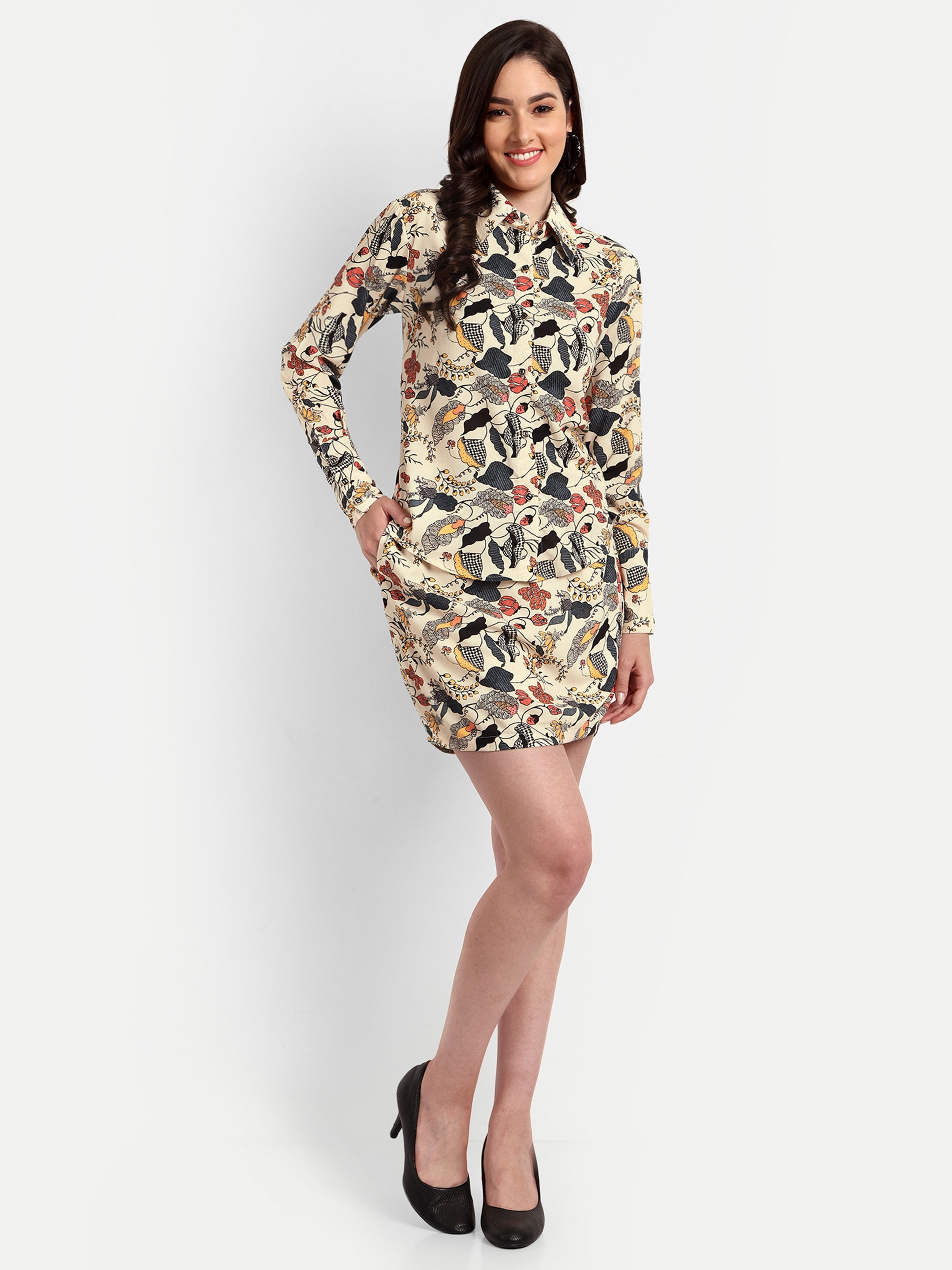 Floral Printed Beige Shirt & Skirt Co ord Set