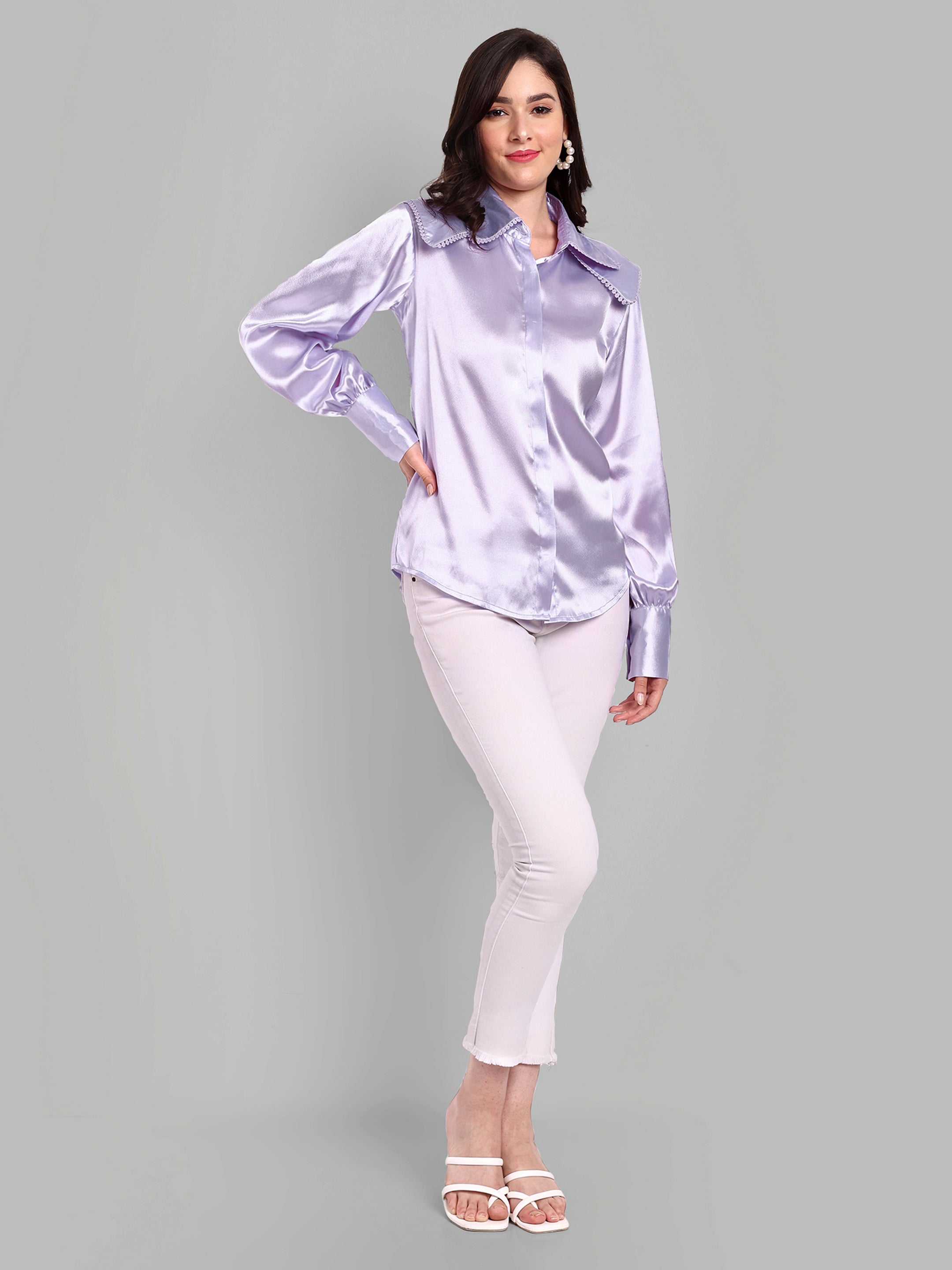 Lavender Full Sleeve Shirt Detailed Long Collar and Cuff