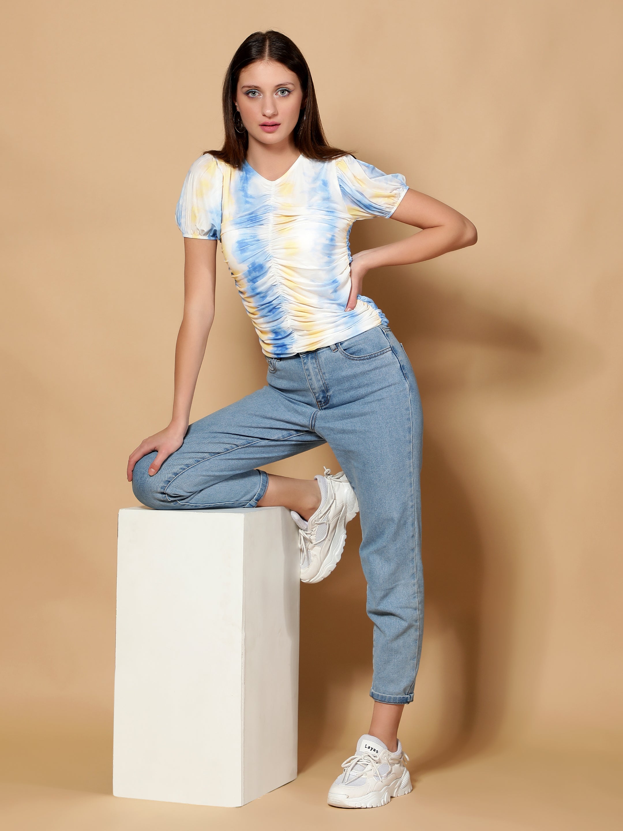 Women Gathered Mesh tie Dye Blue Top