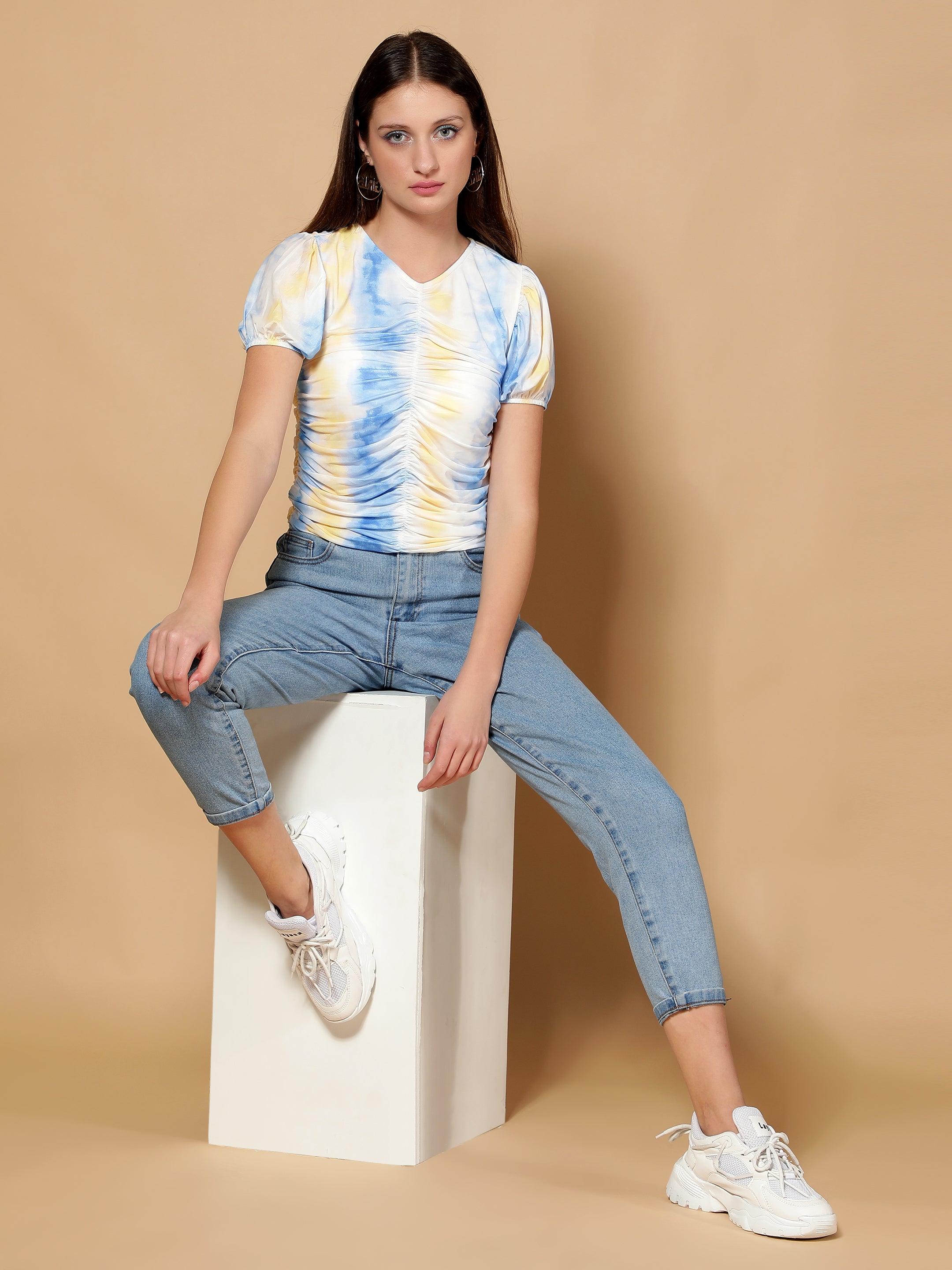 Women Gathered Mesh tie Dye Blue Top