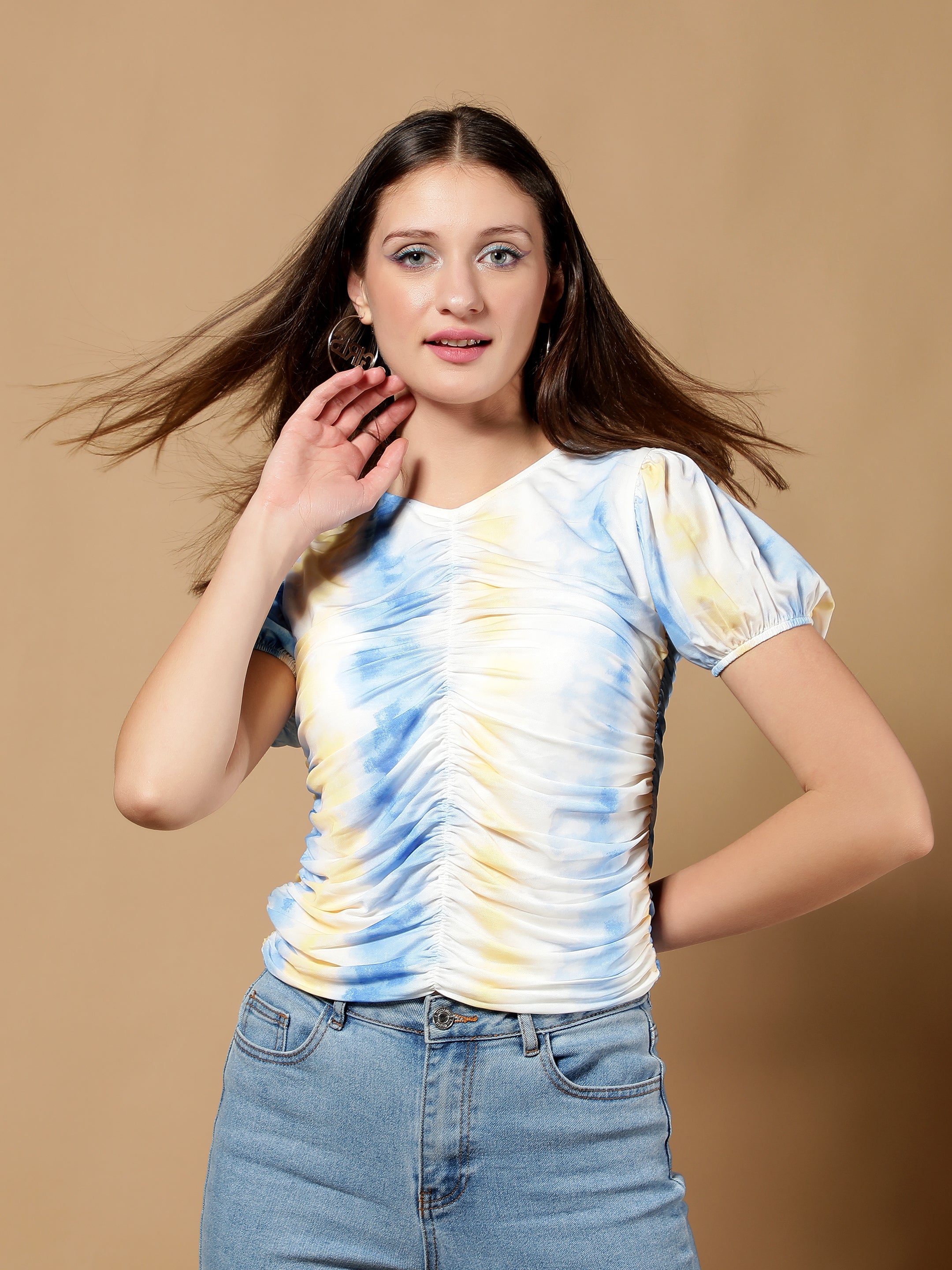 Women Gathered Mesh tie Dye Blue Top