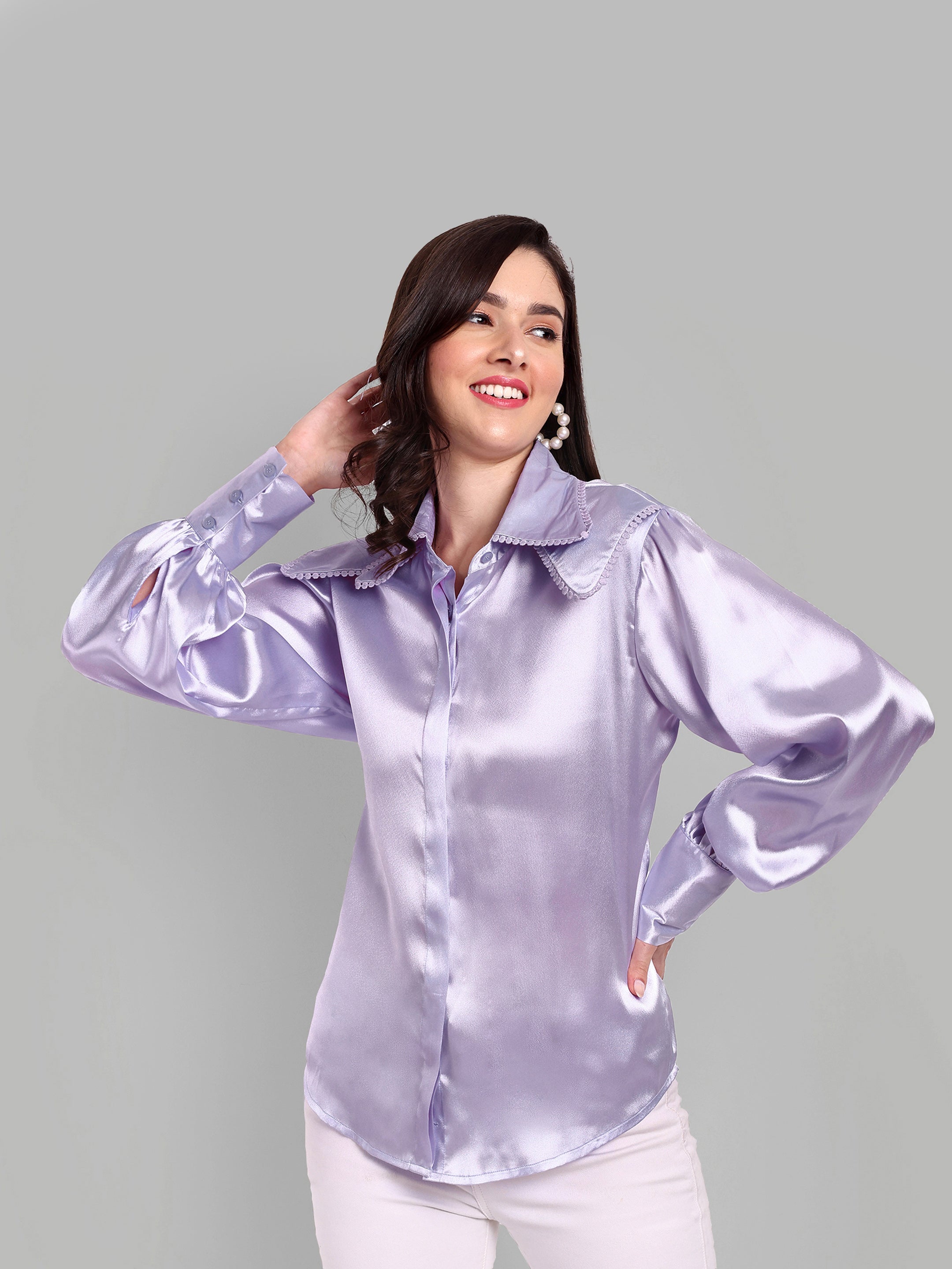 Lavender Full Sleeve Shirt Detailed Long Collar and Cuff