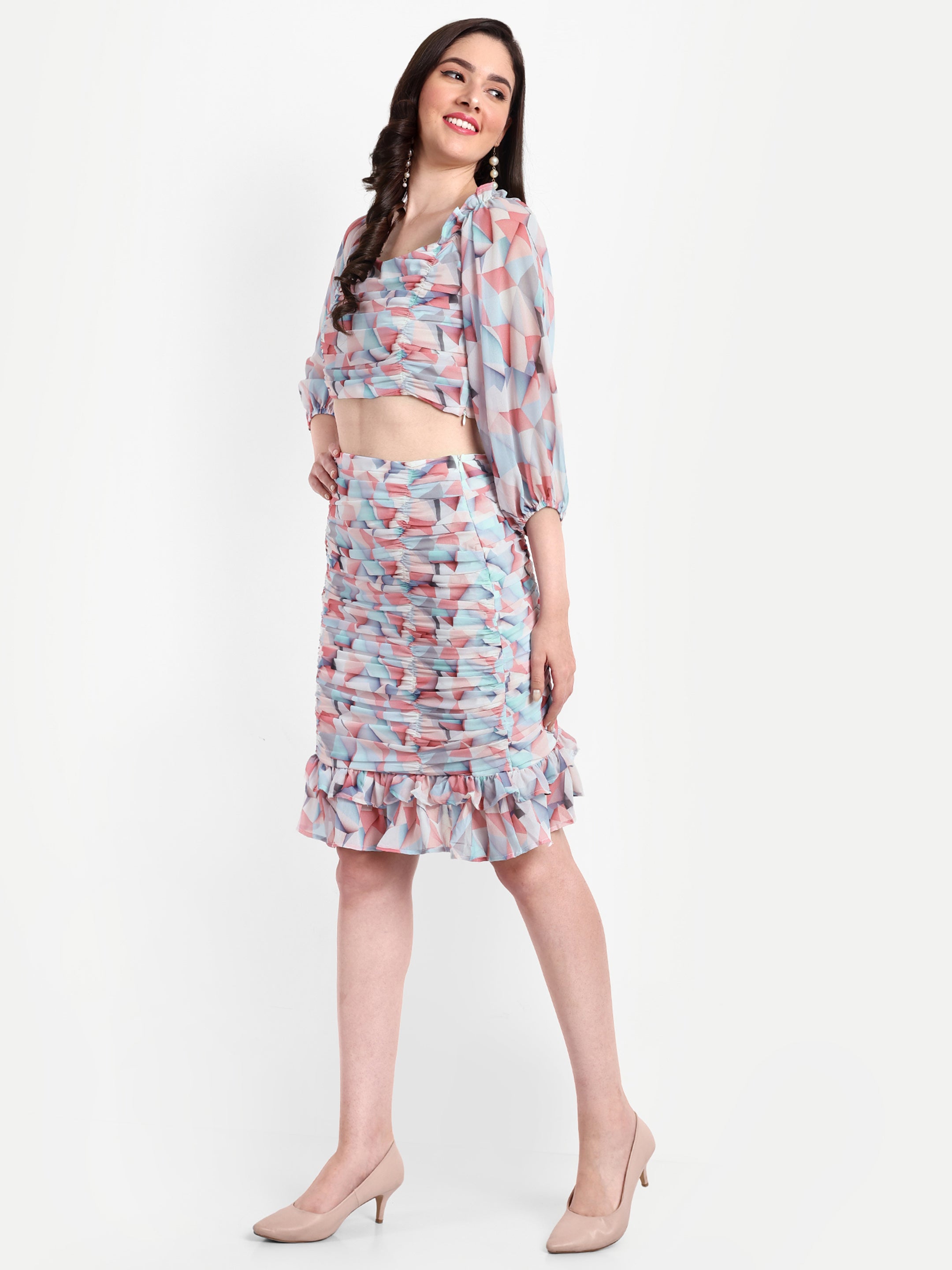 Abstract Printed Ruched Top - Skirt Co ord Set