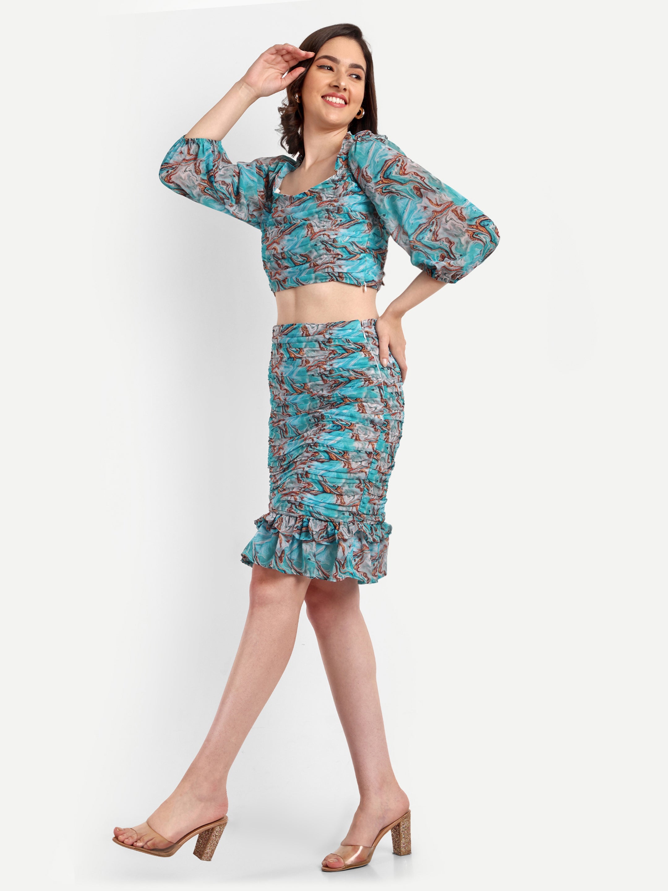 Marble Printed Ruched Top - Skirt Co ord dress