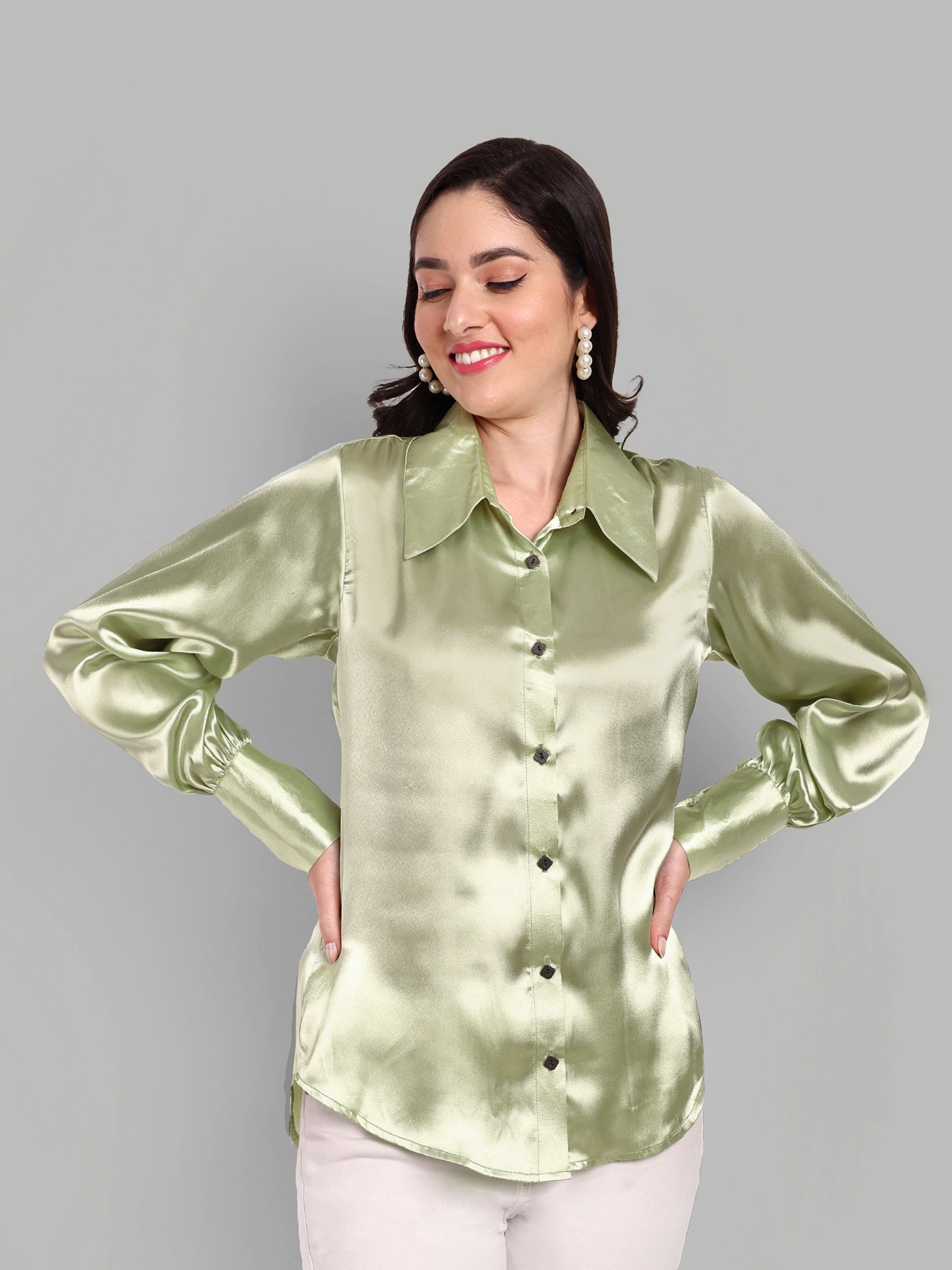 Pista Green Full sleeve  Shirt with Long Collar and Cuff