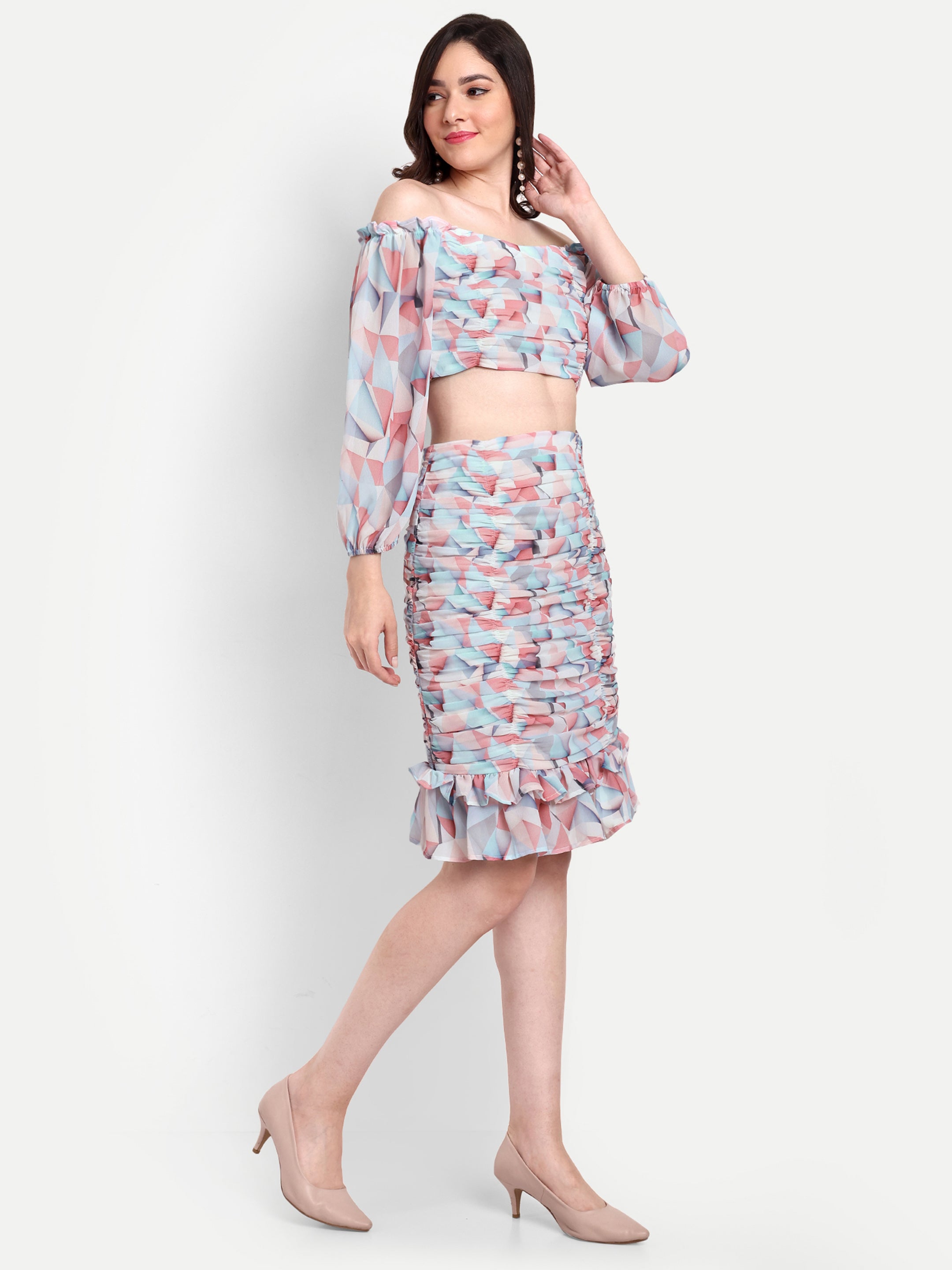 Abstract Printed Ruched Top - Skirt Co ord Set