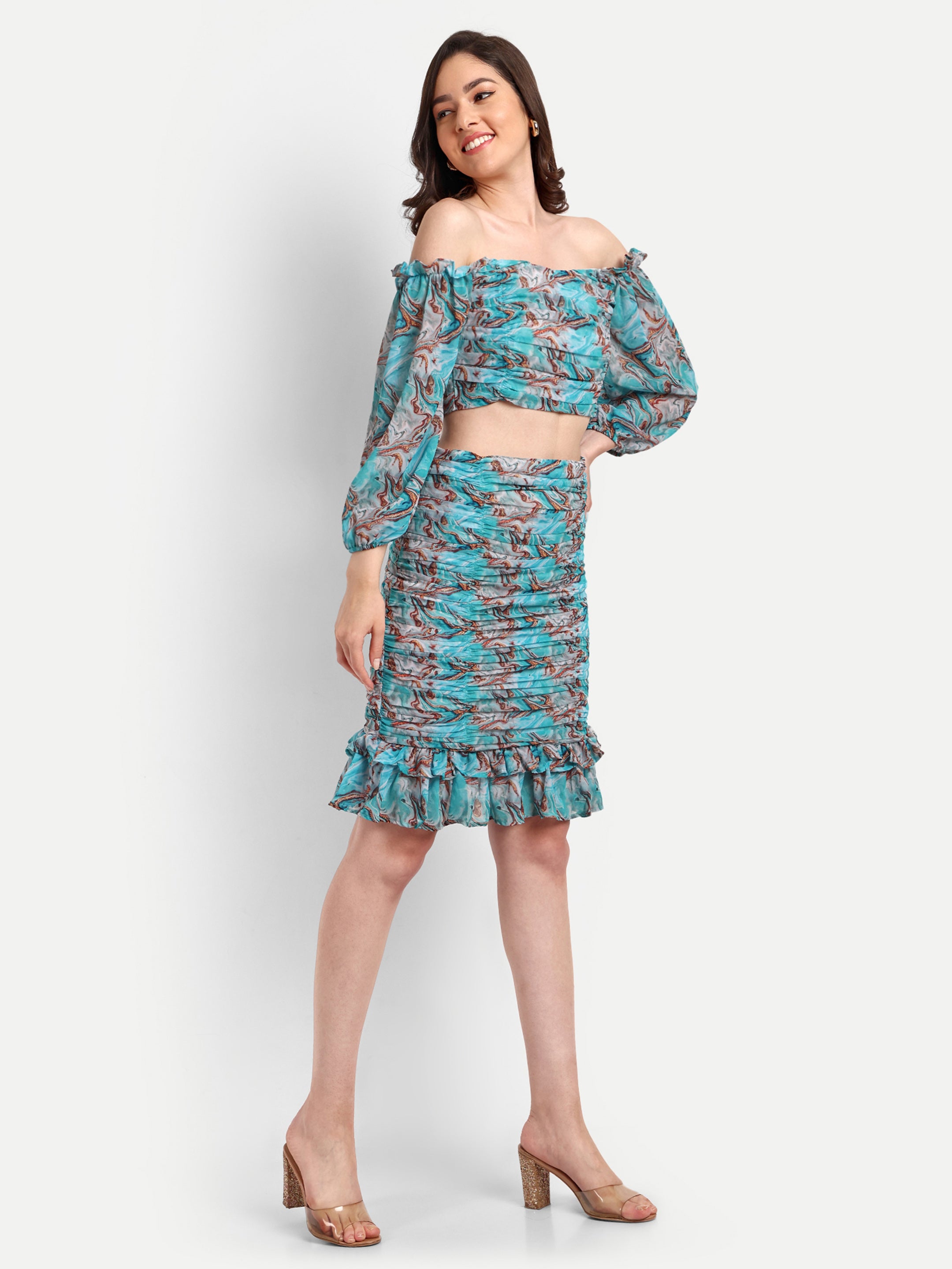 Marble Printed Ruched Top - Skirt Co ord dress