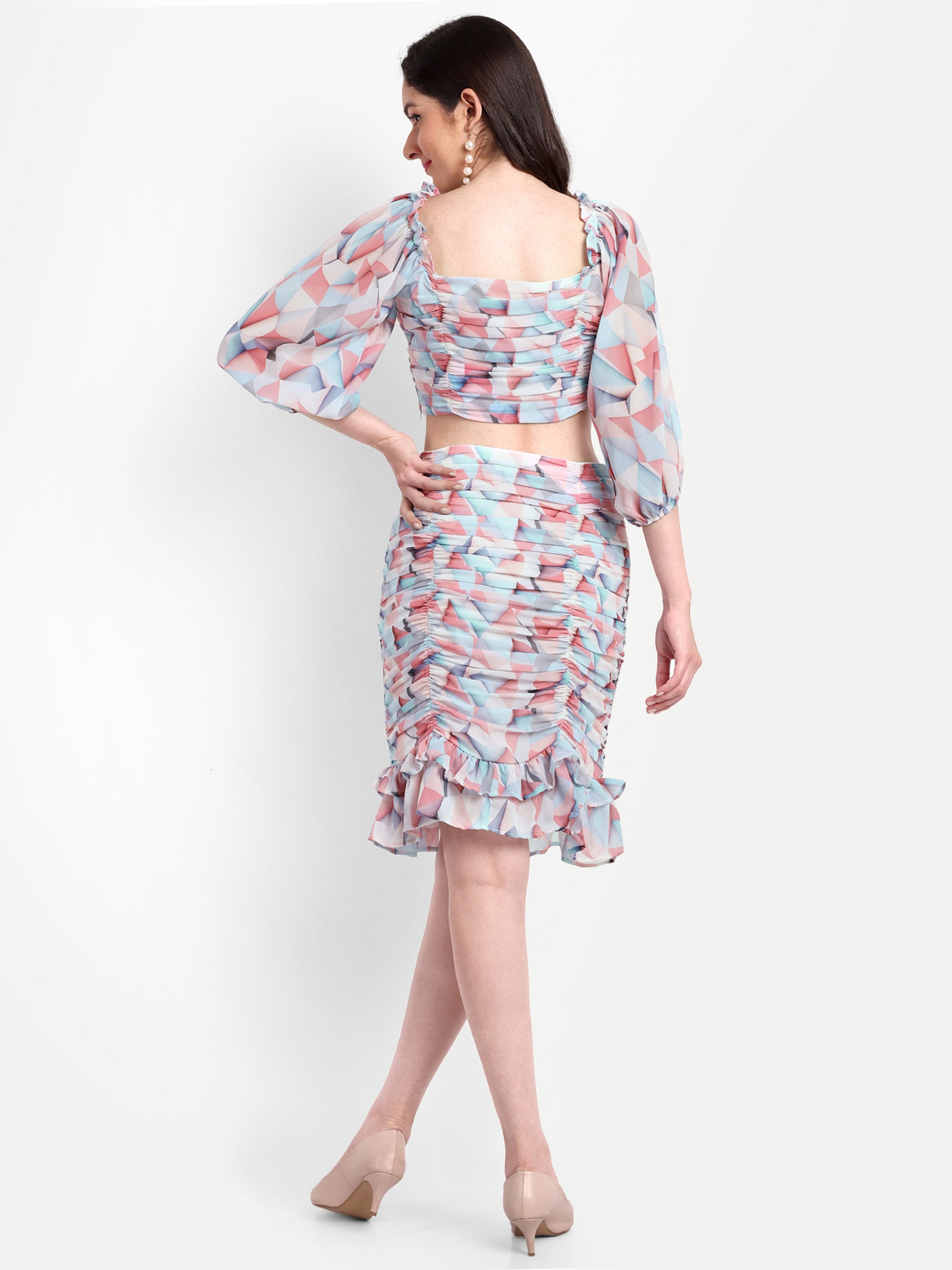 Abstract Printed Ruched Top - Skirt Co ord Set