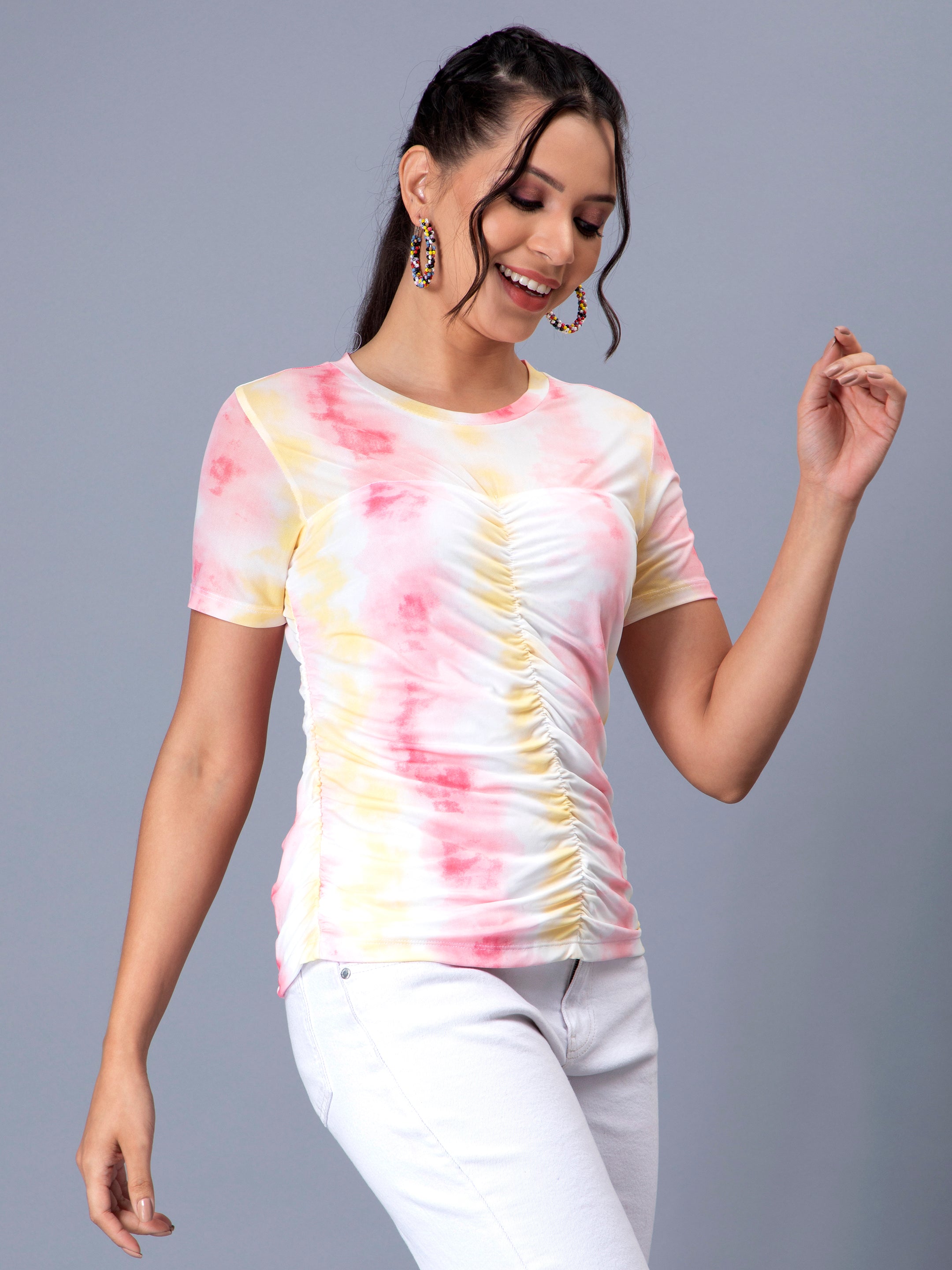 Women Gathered Mesh tie Dye top