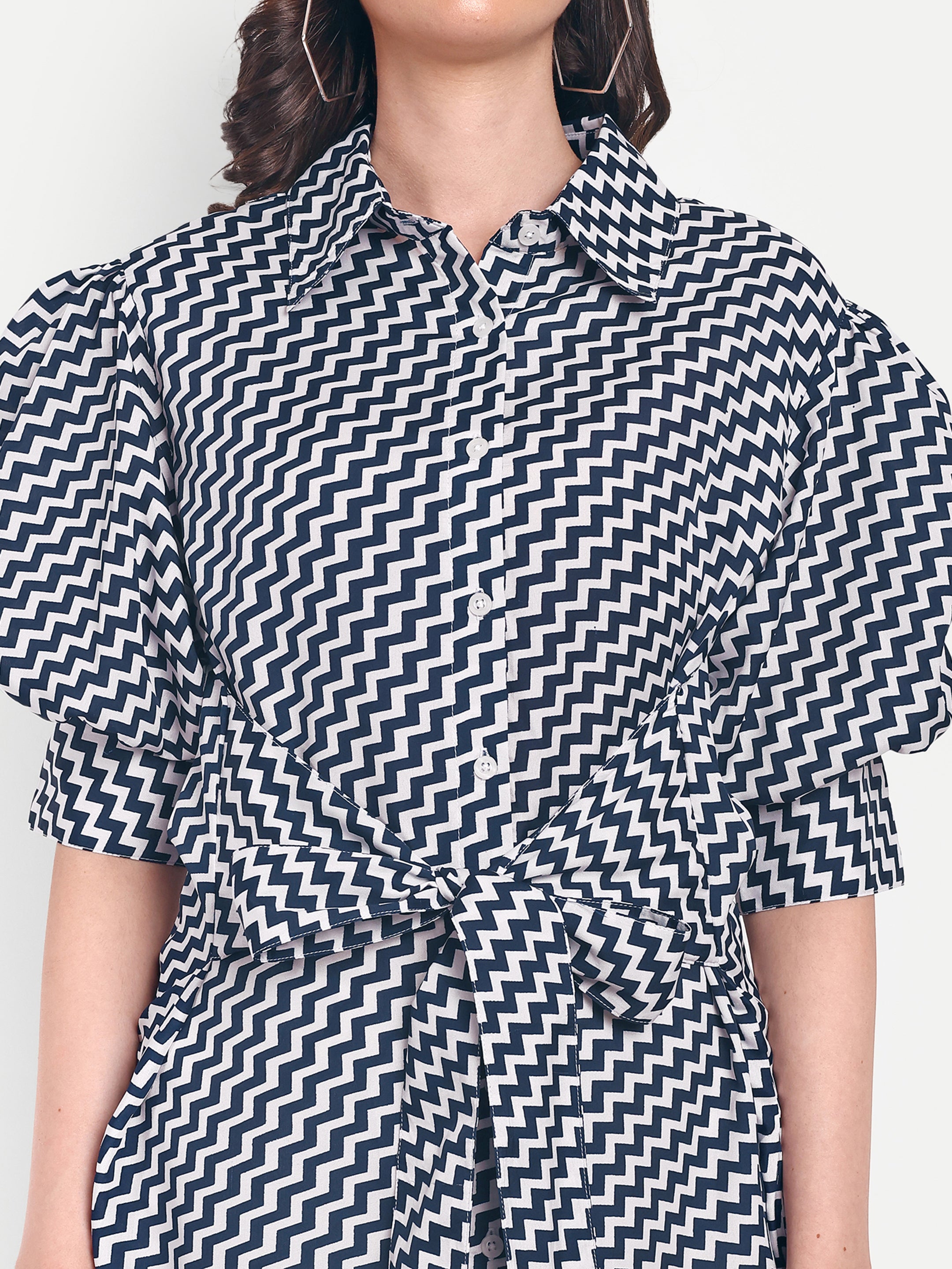 Pezos Women Blue Zig-Zig Pattern Shirt dress