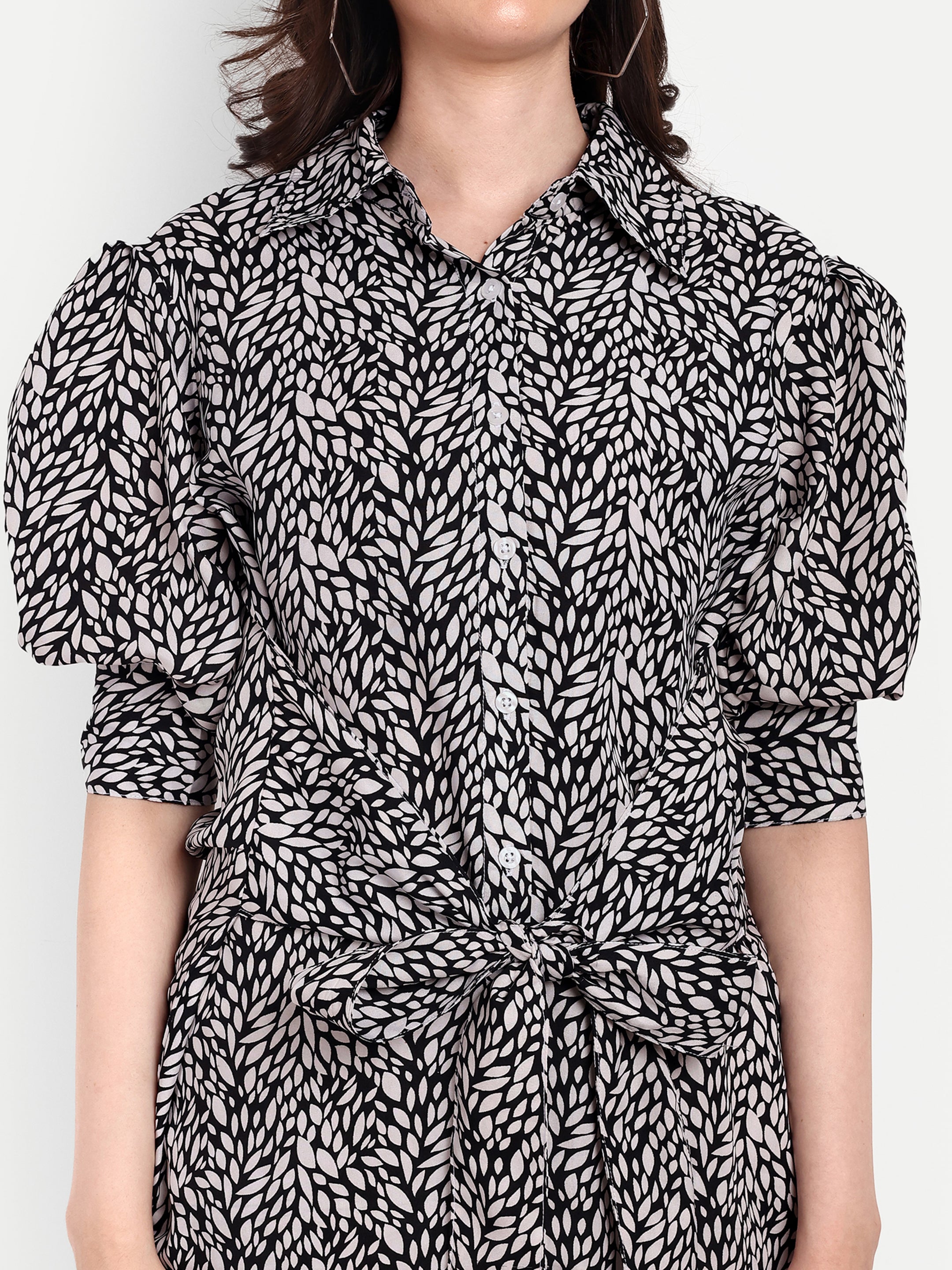 Black Leaf Print Shirt Dress