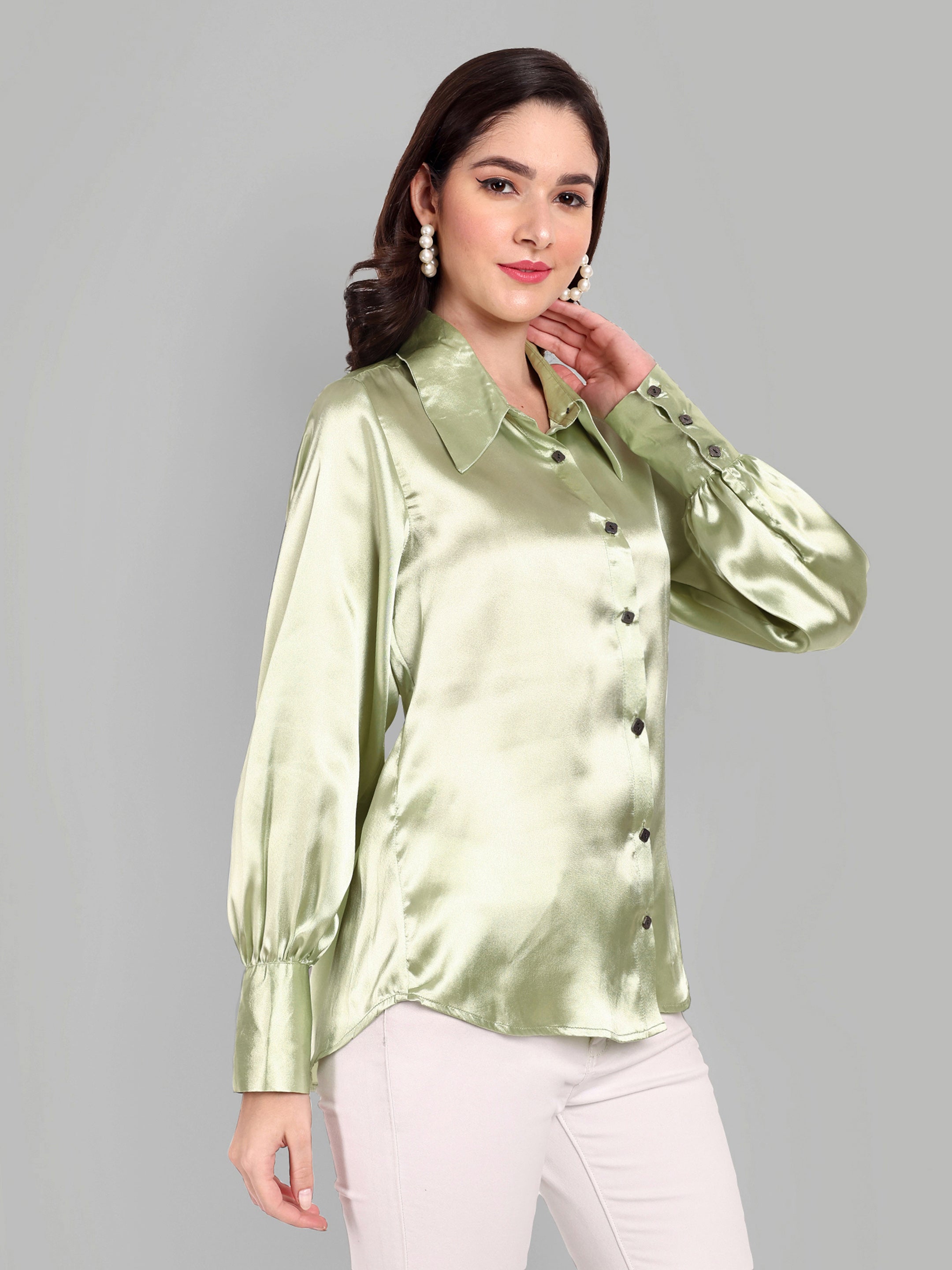 Pista Green Full sleeve  Shirt with Long Collar and Cuff