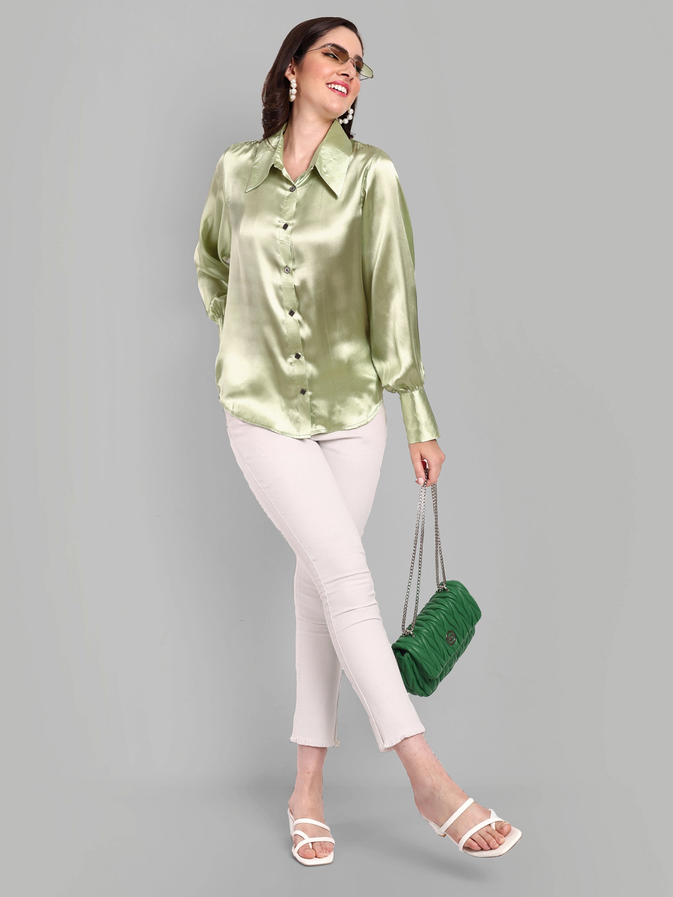 Pista Green Full sleeve  Shirt with Long Collar and Cuff