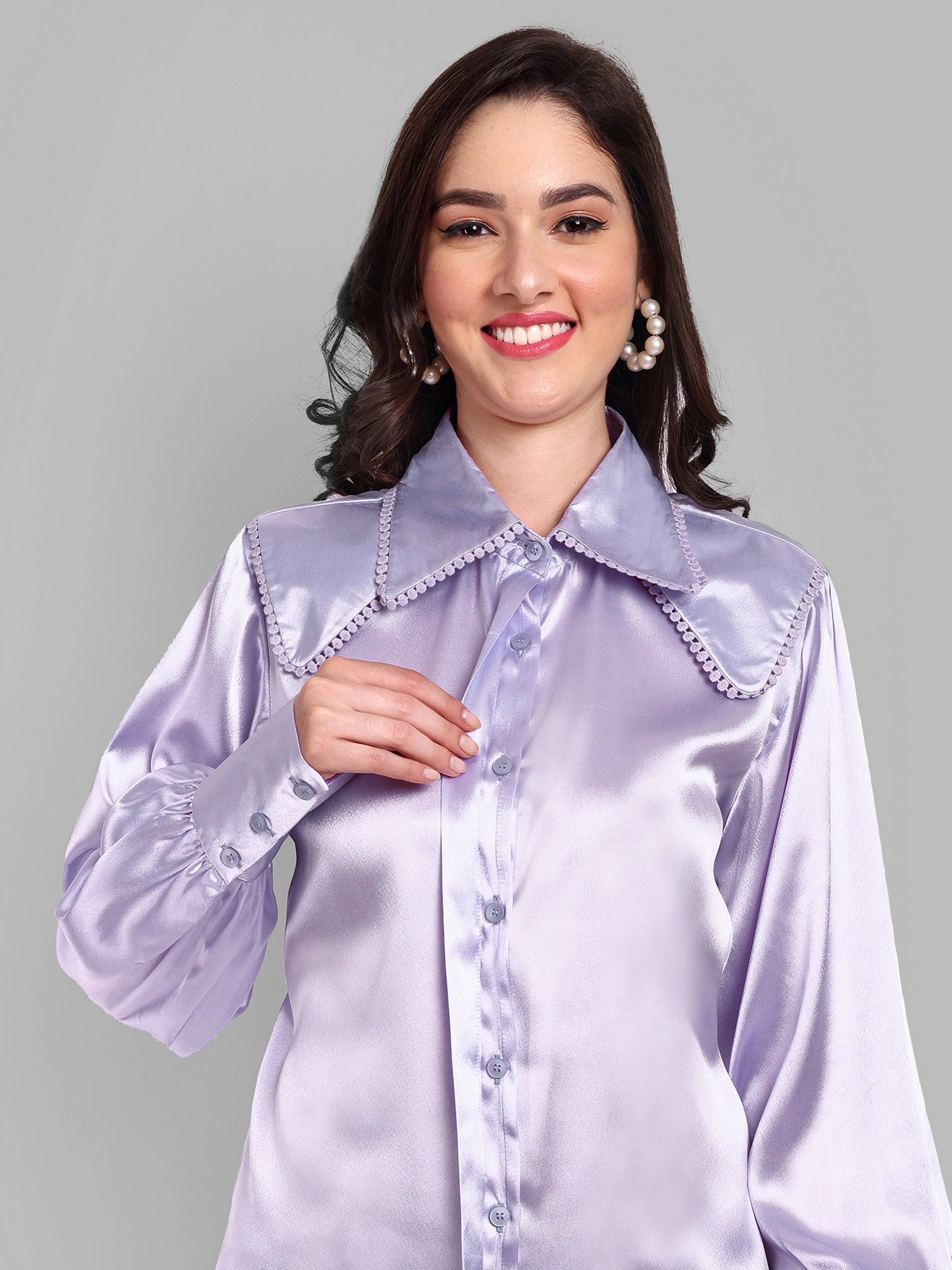 Lavender Full Sleeve Shirt Detailed Long Collar and Cuff