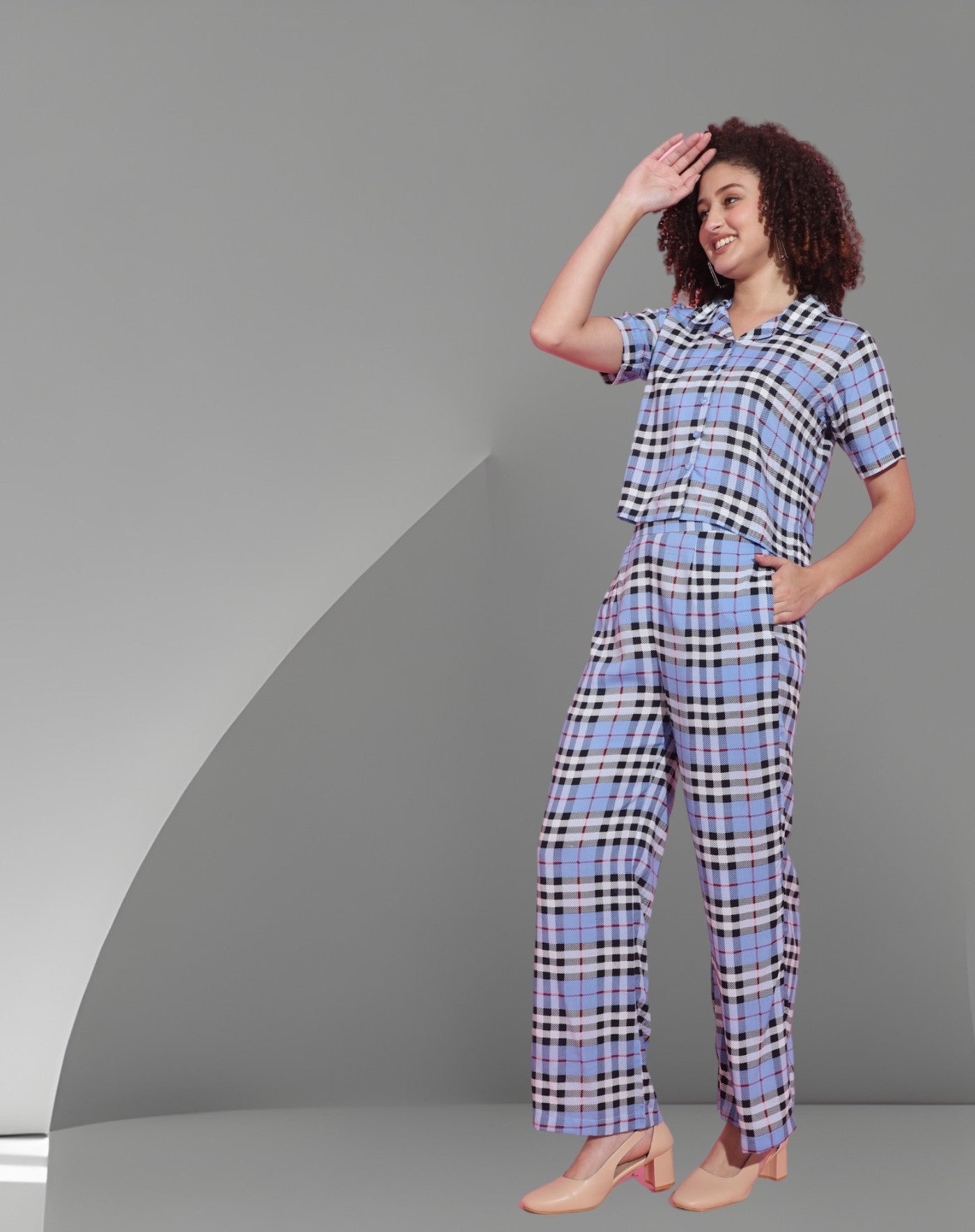 Blue Gingham Crop Shirt Wide leg Pant Co- ord