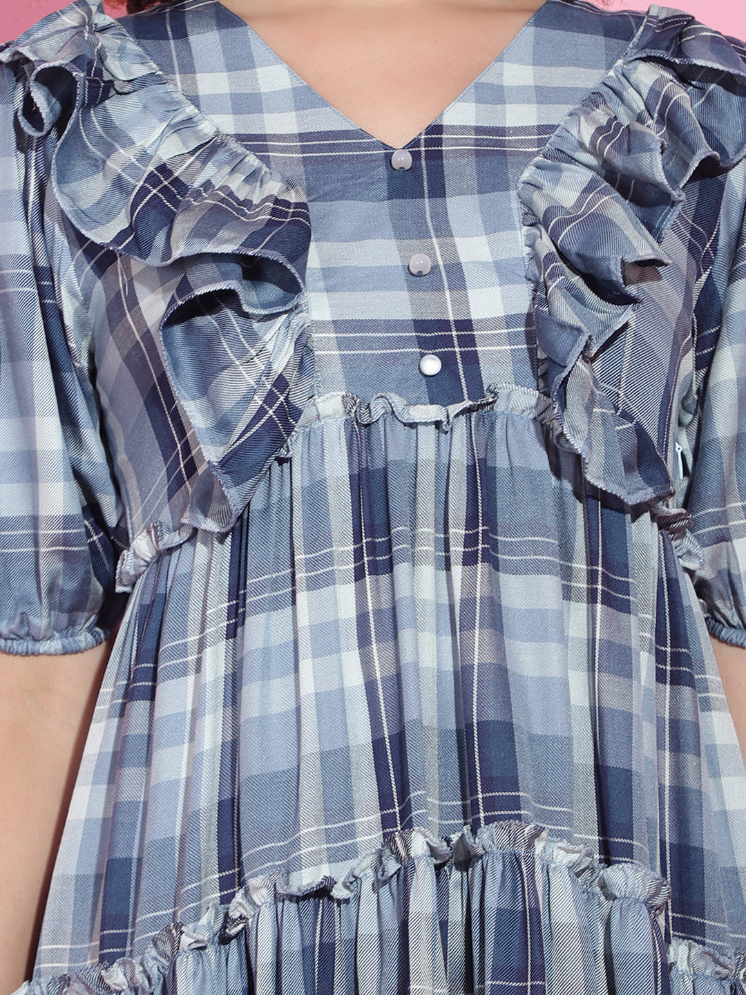 Blue Gingham Puff Sleeve V-Neck Hem Dress