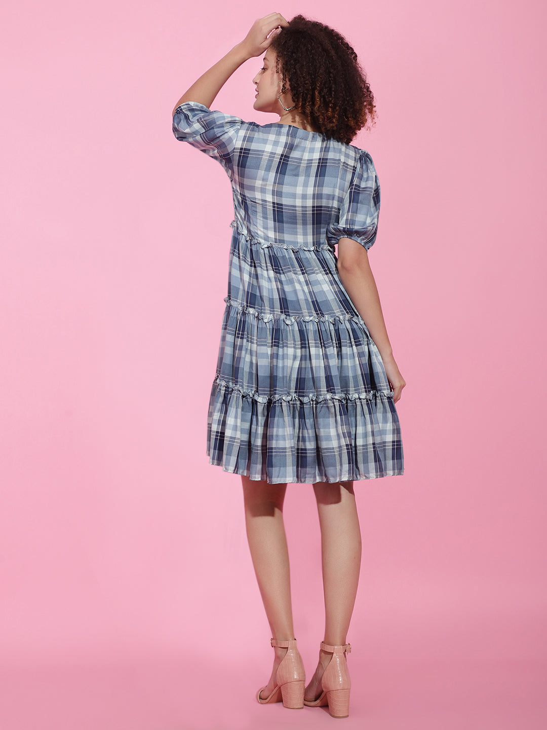 Blue Gingham Puff Sleeve V-Neck Hem Dress