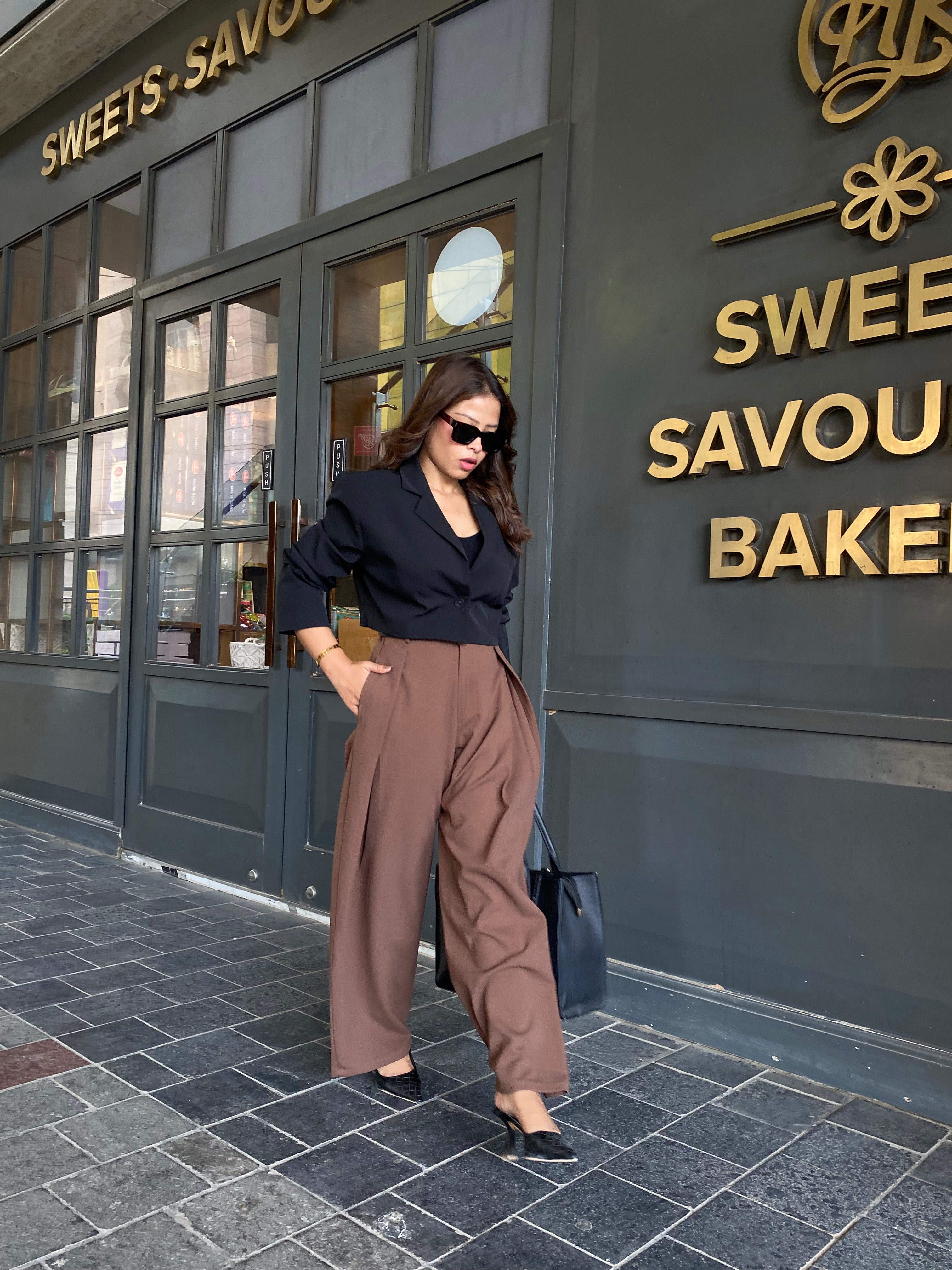 Solid High waist Pleated Wide Leg Brown Pant