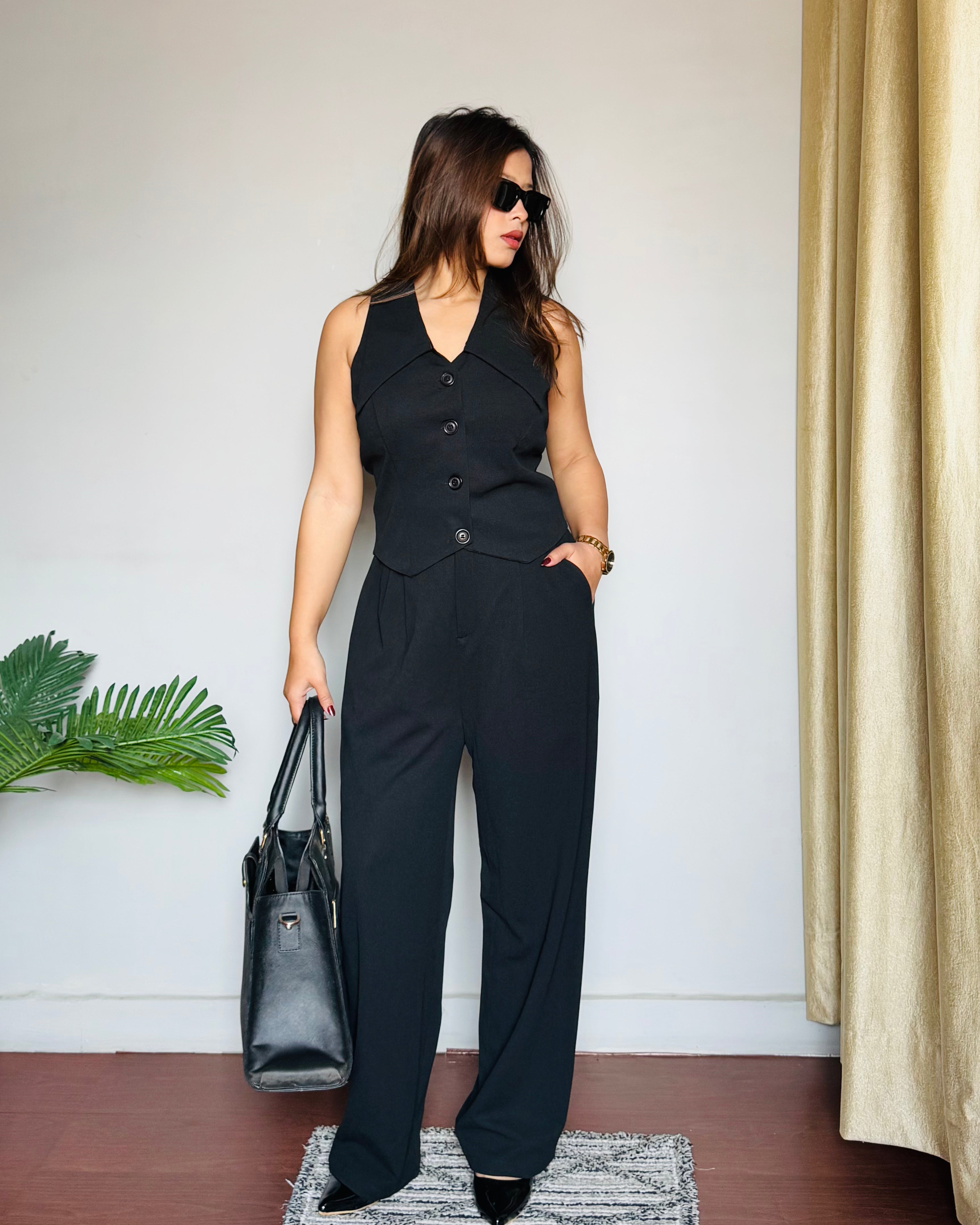 Black Collared WaistCoat Co-ord Set