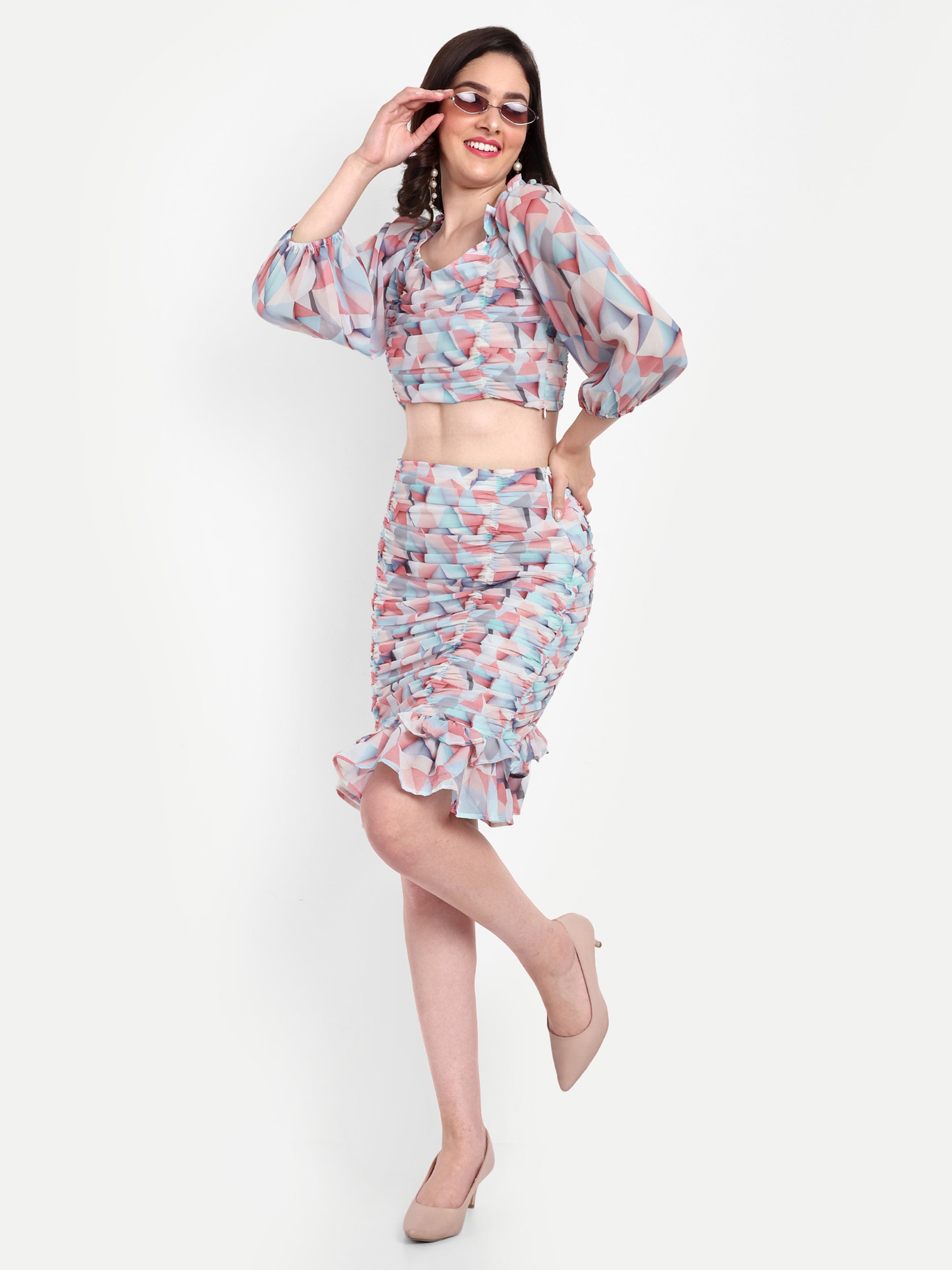 Abstract Printed Ruched Top - Skirt Co ord Set